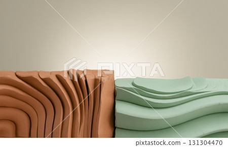 Abstract layered terracotta and mint green sculptural forms with wavy textures Abstract layered terracotta and mint green sculptural forms with wavy textures 131304470