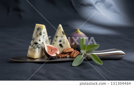 Gourmet blue cheese wedges, fresh figs, pecans, and sage with a silver knife 131304484