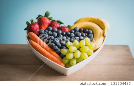 Fresh fruits and vegetables in heart shaped bowl for healthy lifestyle 131304485
