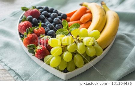Heart shaped bowl filled with fresh fruits and vegetables for healthy diet and wellness 131304486