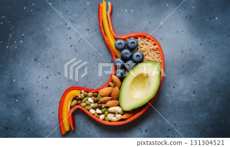 Healthy foods arranged in human stomach shape for digestion, nutrition, and wellness 131304521