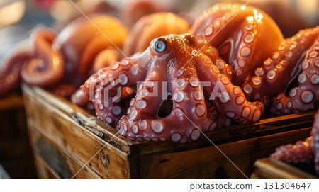 Fresh raw octopus on wooden crate closeup seafood market display 131304647