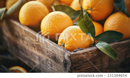 Rustic wooden crate filled with fresh ripe oranges and leaves 131304654