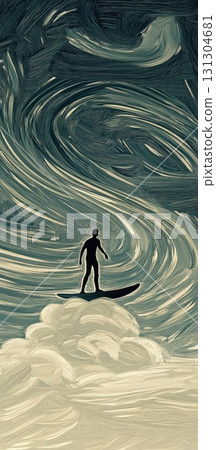 Dreamlike artwork of surfer silhouette on clouds with textured abstract night sky 131304681