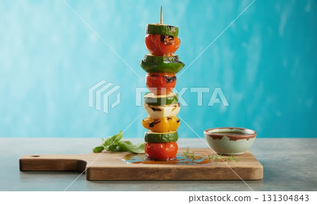 Colorful grilled vegetable skewer with cherry tomatoes, zucchini, and bell peppers on turquoise background Colorful grilled vegetable skewer with cherry tomatoes, zucchini, and bell peppers on turquoise background 131304843