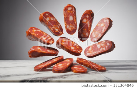 Dynamic explosion of perfectly sliced spanish chorizo sausage falling onto a marble surface Dynamic explosion of perfectly sliced spanish chorizo sausage falling onto a marble surface 131304846