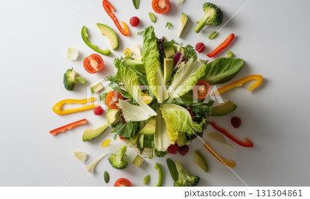 Dynamic flat lay of deconstructed organic salad with fresh vegetables and fruits exploding 131304861