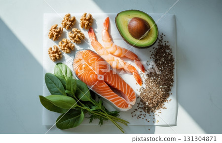 Healthy fats assortment, salmon, shrimp, avocado, walnuts, chia seeds, and greens 131304871