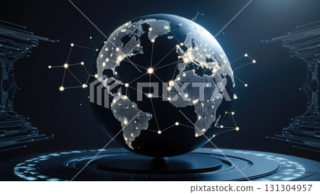 Globe connected by a complex network of lines symbolizing global communication and interconnectivity 131304957