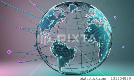 Globe surrounded by connecting lines illustrating the concept of global networks and communication 131304959