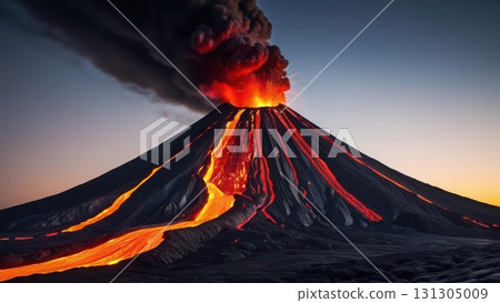 Majestic volcano erupting into the sky with smoke and ashes creating a breathtaking landscape 131305009