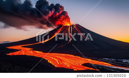 Impressive volcano erupting into the sky with ash clouds and lava flowing down the sides Impressive volcano erupting into the sky with ash clouds and lava flowing down the sides 131305010