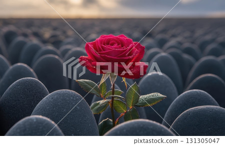 Vibrant red rose with dew drops standing out among identical grey stones at dawn 131305047