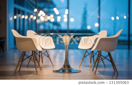 Modern glass table and white eames style chairs in a contemporary office lounge interior 131305063