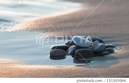 Smooth pebbles on wet sand with gentle wave and golden hour light on beach shore 131305064