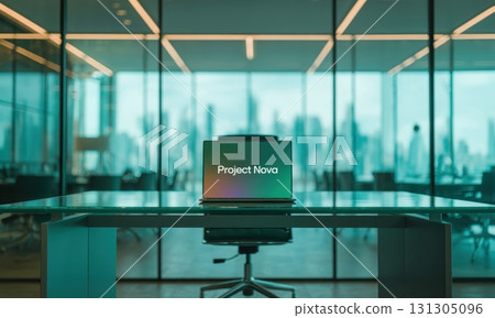 Sleek modern office interior with laptop on glass table and urban city view Sleek modern office interior with laptop on glass table and urban city view 131305096