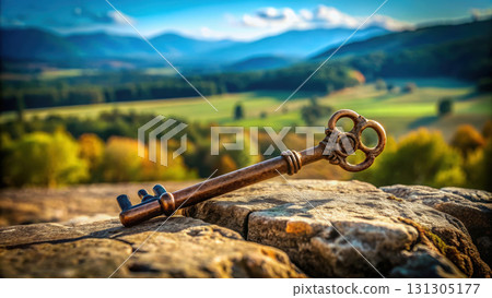 Antique key resting on rock with scenic landscape in background Antique key resting on rock with scenic landscape in background 131305177