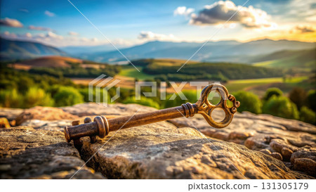 Antique key resting on stone with scenic landscape background 131305179