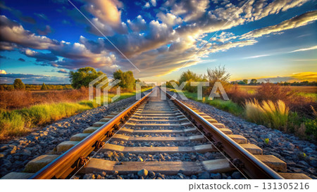 train tracks stretch into horizon vibrant sky, evoking sense of adventure and tranquility 131305216