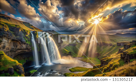 Majestic waterfall cascading down rocky cliffs under dramatic clouds 131305217