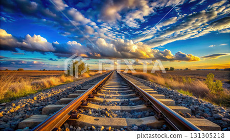 Train tracks leading into vibrant sunset with dramatic clouds 131305218