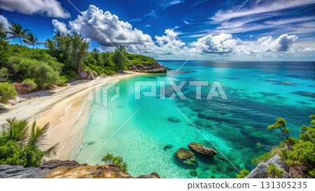 Secluded beach with turquoise water and lush greenery under blue sky 131305235