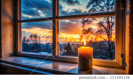 flickering candle illuminates cozy window view at sunset flickering candle illuminates cozy window view at sunset 131305236