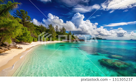 Secluded beach with turquoise water and lush greenery under blue sky Secluded beach with turquoise water and lush greenery under blue sky 131305237