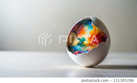 cracked eggshell revealing colorful interior, symbolizing creativity and potential 131305286