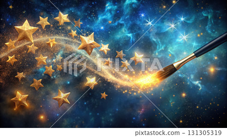 magical brushstroke creates golden stars in cosmic background 131305319