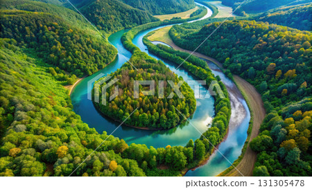 winding river surrounded by lush green forests and hills, showcasing nature beauty 131305478