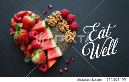 Heart shape healthy food arrangement with fresh fruits, nuts, seeds and eat well message 131305495