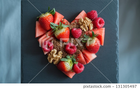 Healthy heart shaped fruit arrangement with strawberries, raspberries, watermelon, and nuts 131305497