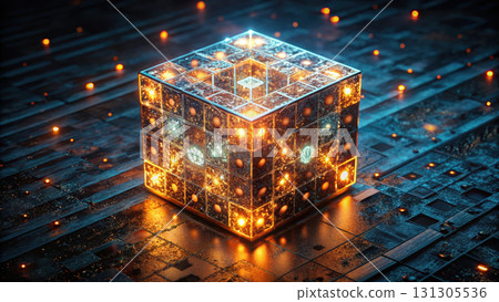 glowing cube with intricate patterns and lights on dark surface 131305536