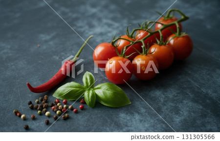 Fresh cherry tomatoes, basil, chili pepper, and peppercorns on a dark slate surface 131305566
