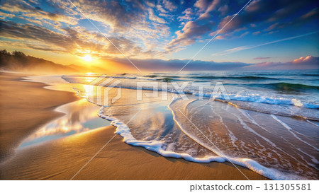 serene beach at sunset with gentle waves and colorful clouds serene beach at sunset with gentle waves and colorful clouds 131305581