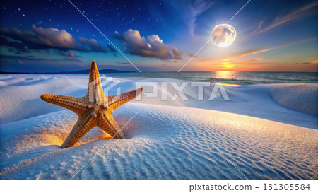 glowing starfish on sandy beach at sunset, with beautiful sky 131305584