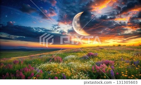 glowing crescent moon illuminates vibrant flower field at sunset 131305603