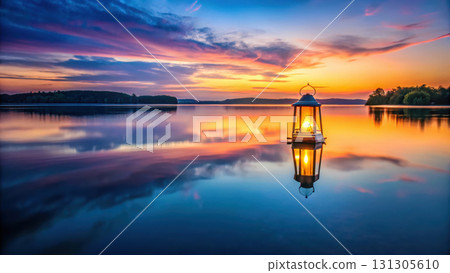 glowing lantern gently floats on calm water at sunset, creating serene atmosphere 131305610