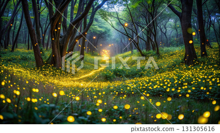 magical forest filled with glowing fireflies illuminating path magical forest filled with glowing fireflies illuminating path 131305616