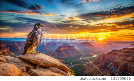 hawk perched on rock overlooking stunning sunset landscape 131305656