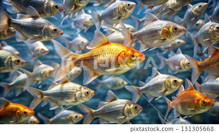 vibrant school of fish swimming together, featuring single golden fish vibrant school of fish swimming together, featuring single golden fish 131305668