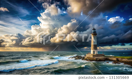 lighthouse stands tall against dramatic ocean horizon with stormy clouds 131305669