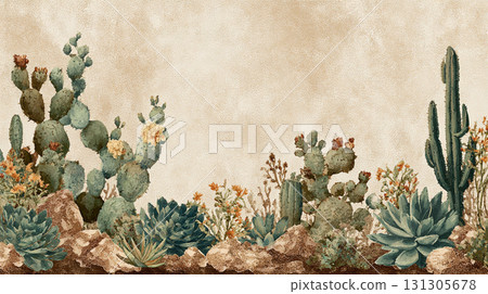 Natural botanical illustration background of cacti and succulents 131305678