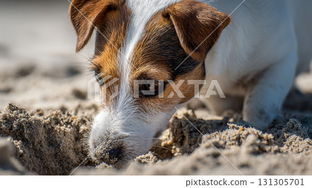 傑克羅素梗在沙灘上挖沙 傑克羅素梗在沙灘上挖沙 131305701