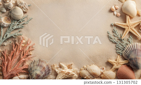 Background image of sand decorated with beach shells and starfish 131305702