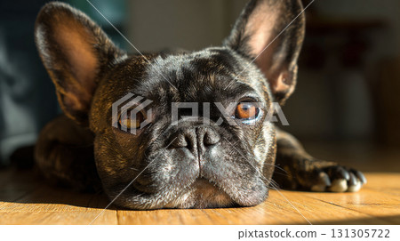The relaxed expression of a French bulldog and the contrast of light 131305722