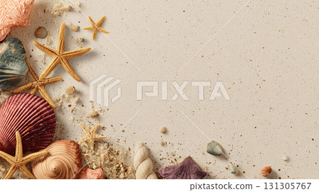 Sea treasures: flat lay background of various seashells and starfish 131305767