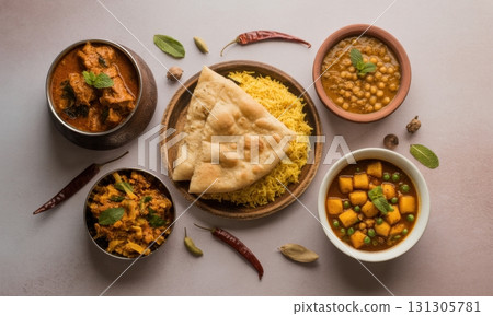 Authentic indian cuisine spread with lamb curry, chana masala, paneer, and naan bread 131305781