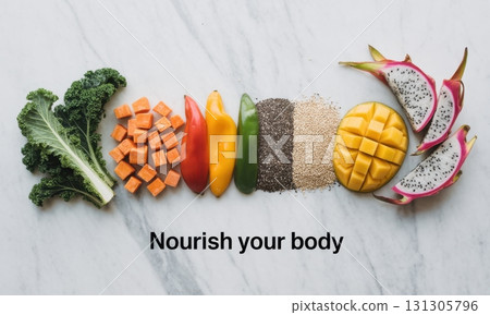 Vibrant flat lay of diverse plant based superfoods and fresh ingredients for healthy eating 131305796